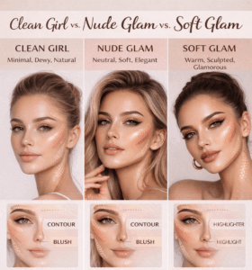 soft glam, nude glam, clean girl.