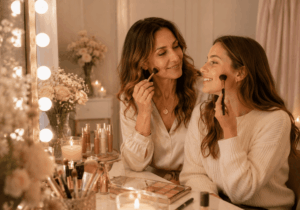 moeder en dochter makeup workshop, spelen met makeup, kleuren, foundation, oogschaduw in makeup studio.