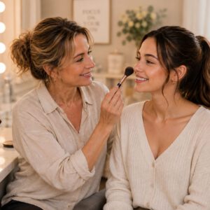 moeder-dochter-workshop. Makeup workshop. Beauty foundation blush.
