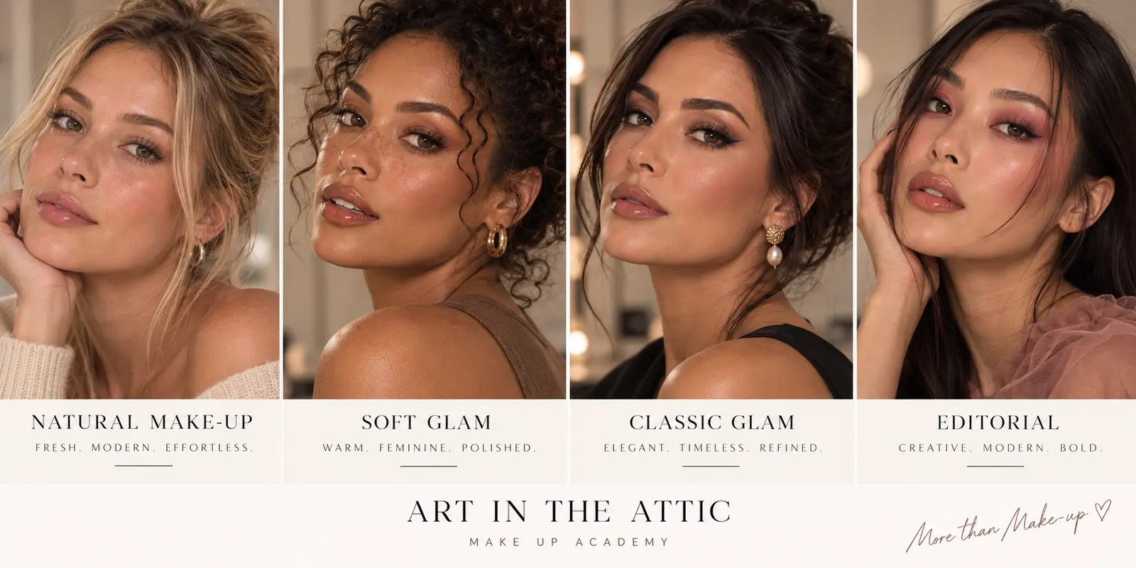 Natural Make-up, Soft Glam, Classic Glam en Editorial tijdens de visagiecursus van Art in the Attic